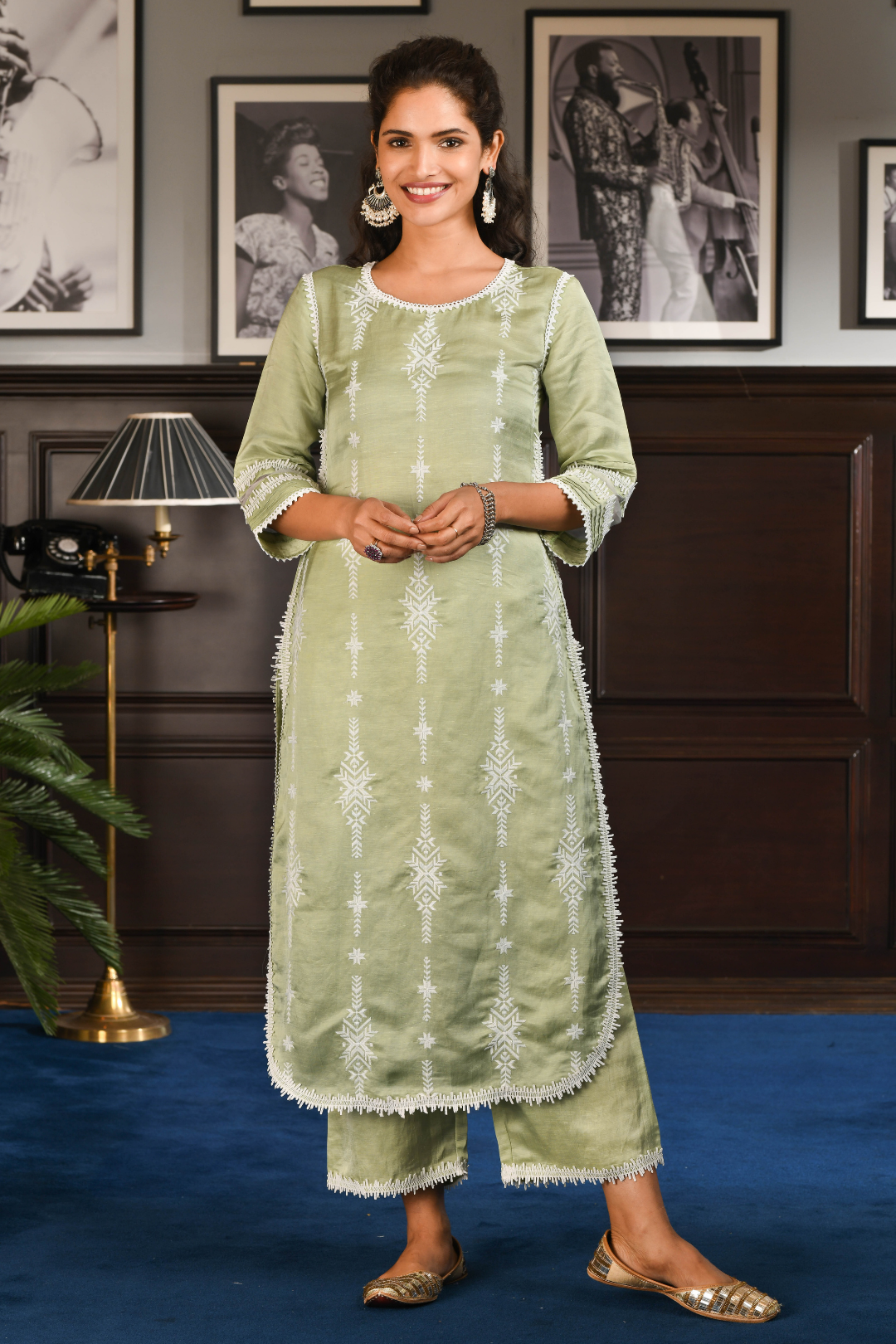 Mulmul Japanese Silk Dita Green Kurta with Dita Green Pants