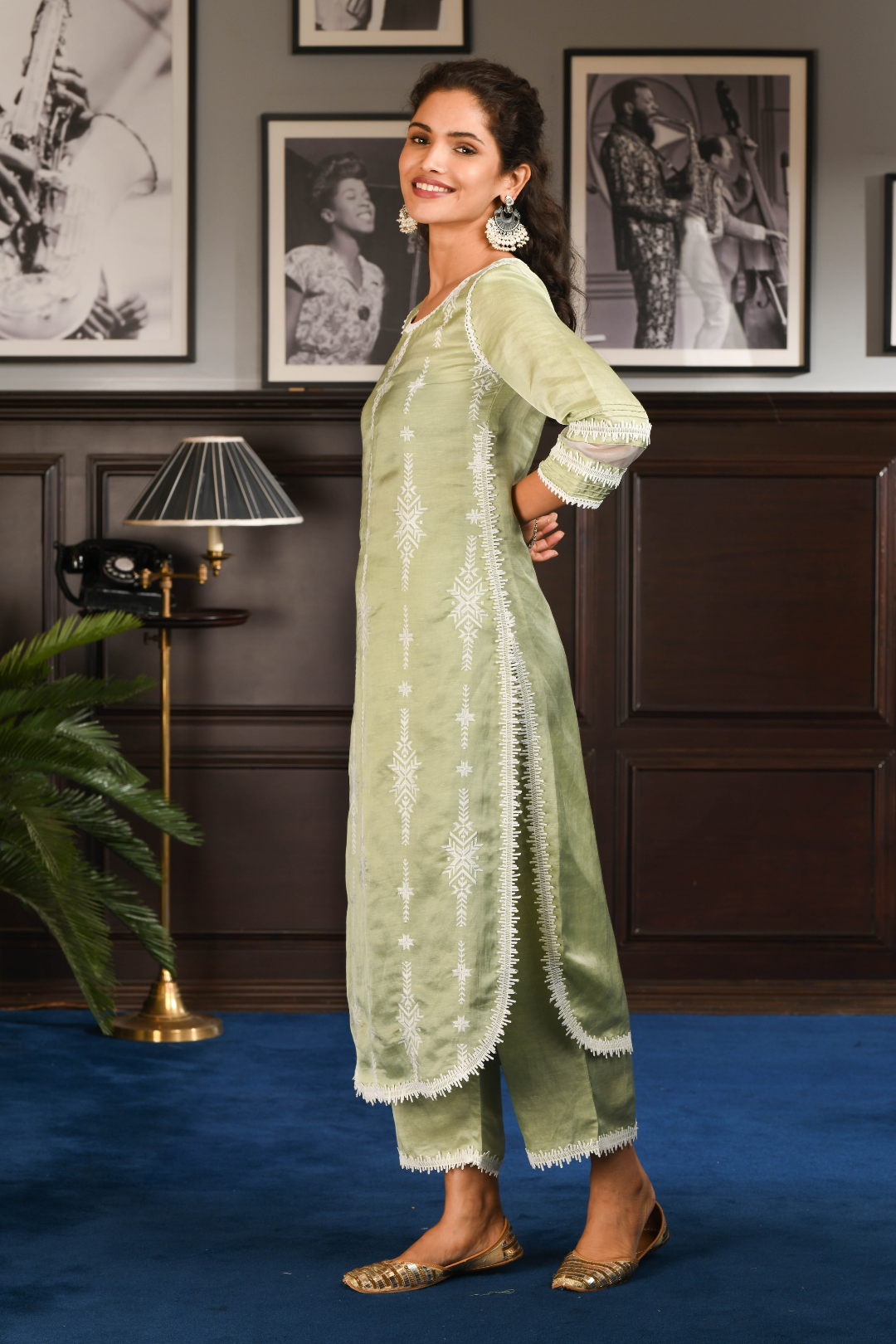 Mulmul Japanese Silk Dita Green Kurta with Dita Green Pants