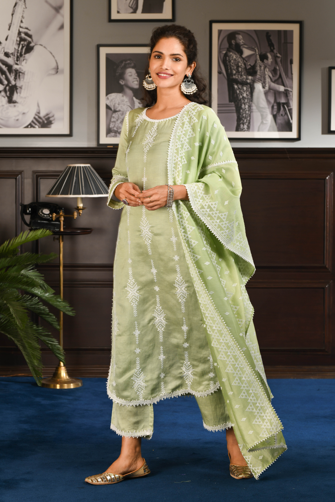 Mulmul Japanese Silk Dita Green Kurta with Dita Green Pants