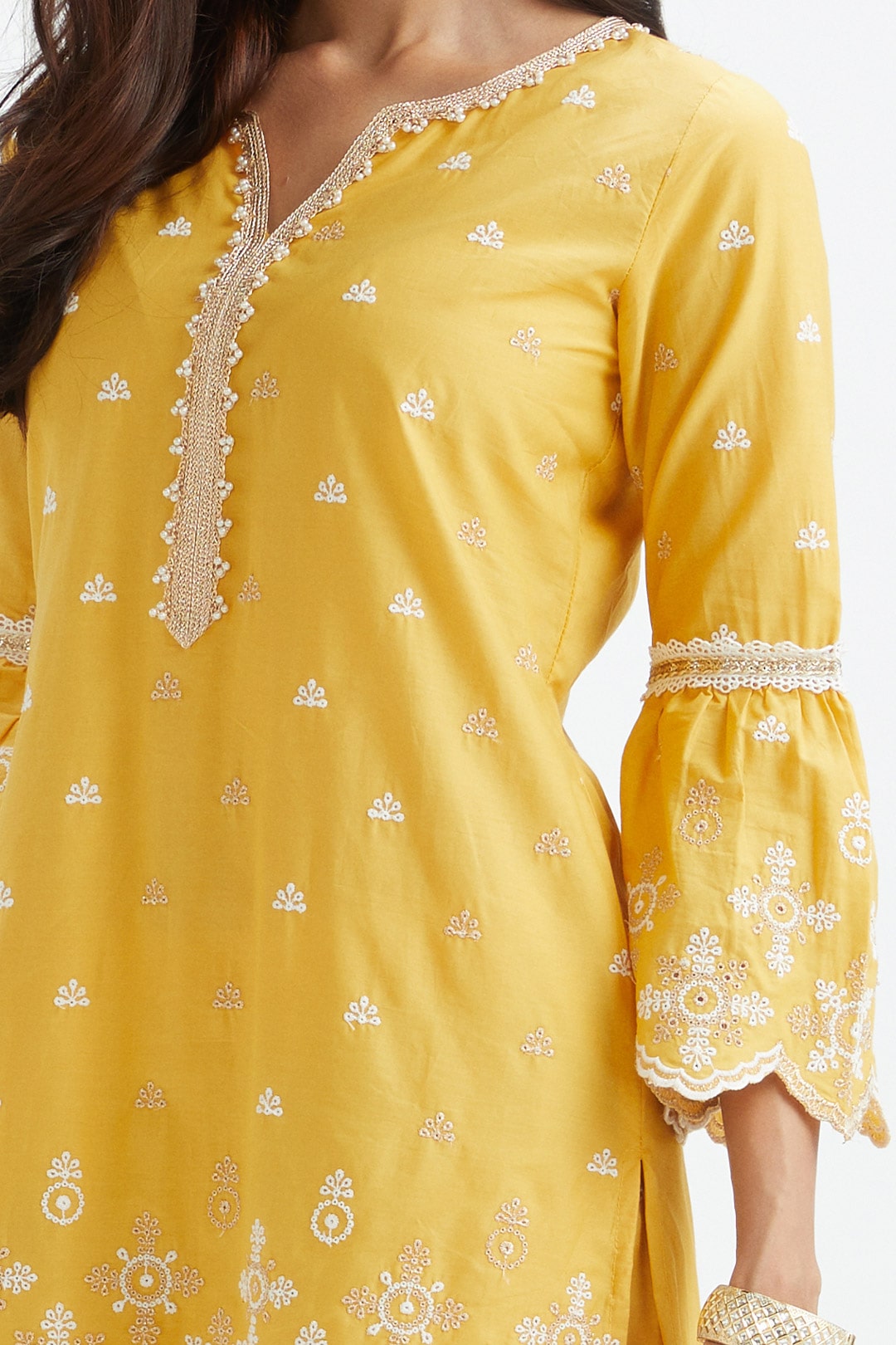 Mulmul Cotton Dove Yellow Kurta With Dove Yellow Sharara