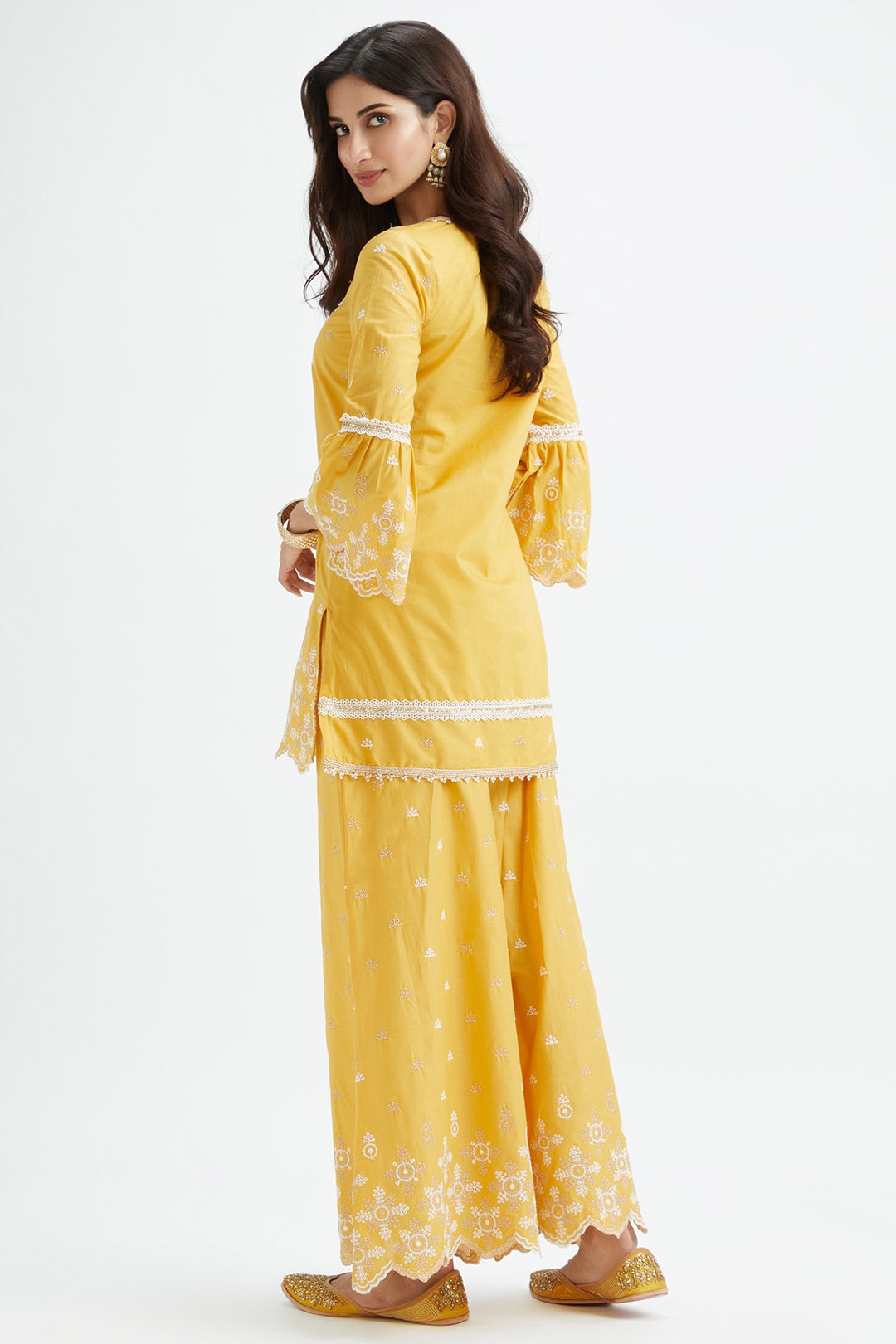 Mulmul Cotton Dove Yellow Kurta With Dove Yellow Sharara