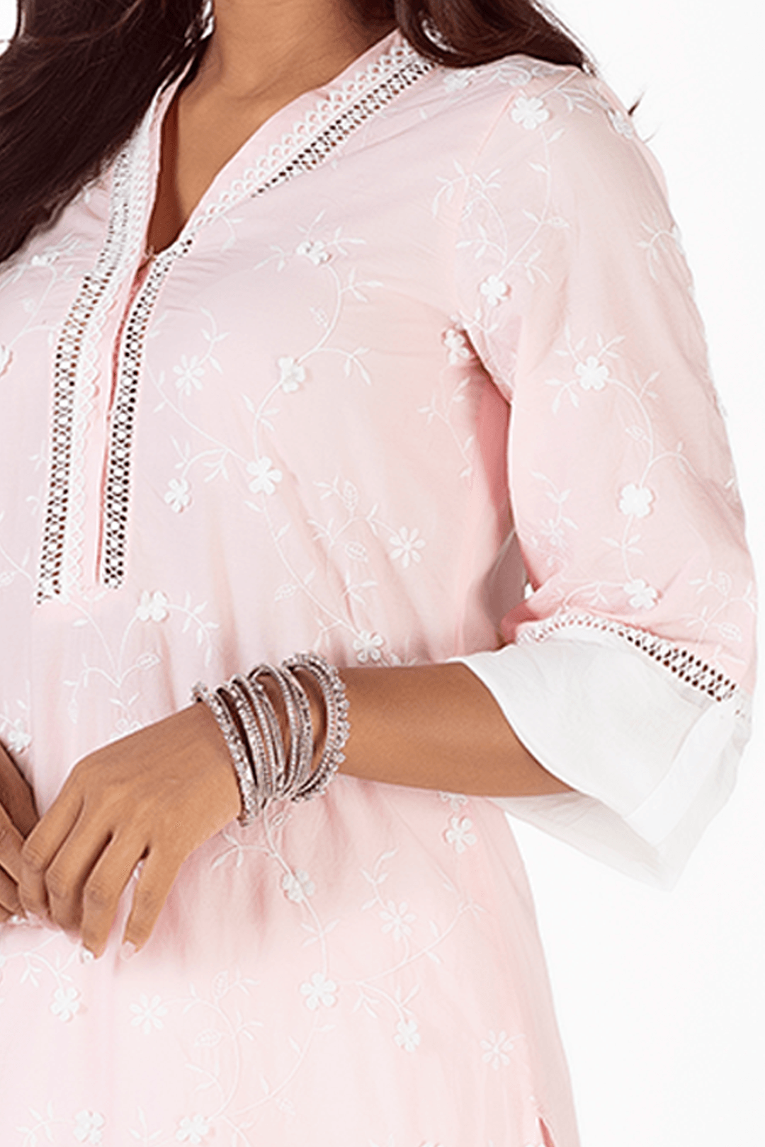 Mulmul Cotton Echo Pink Kurta With Rounded Hem Pant White