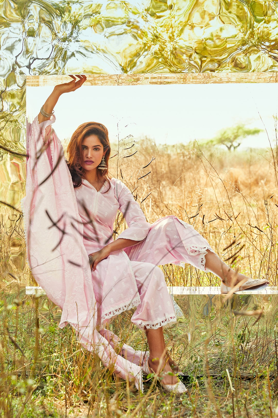 Mulmul Cotton Escapade Pink Kurta With Escapade Pink Palazzo