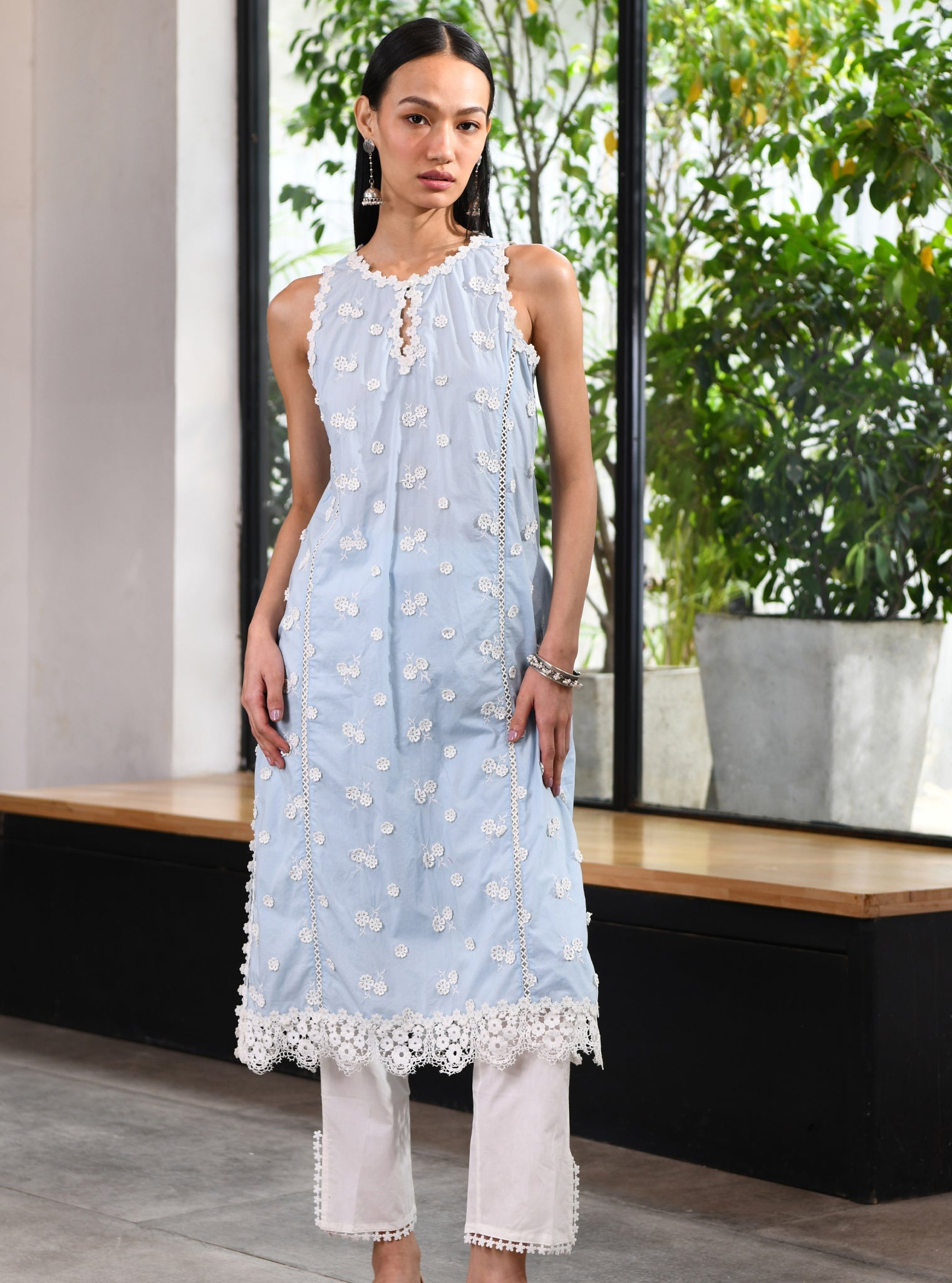 Mulmul Cotton Evie Blue Kurta With Mulmul Cotton Slit White Pant