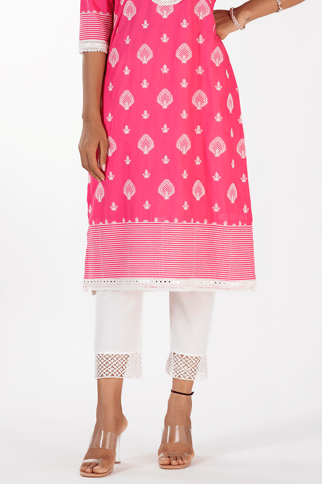 Mulmul Cotton Gene Fuchsia Kurta With Fern Pant White