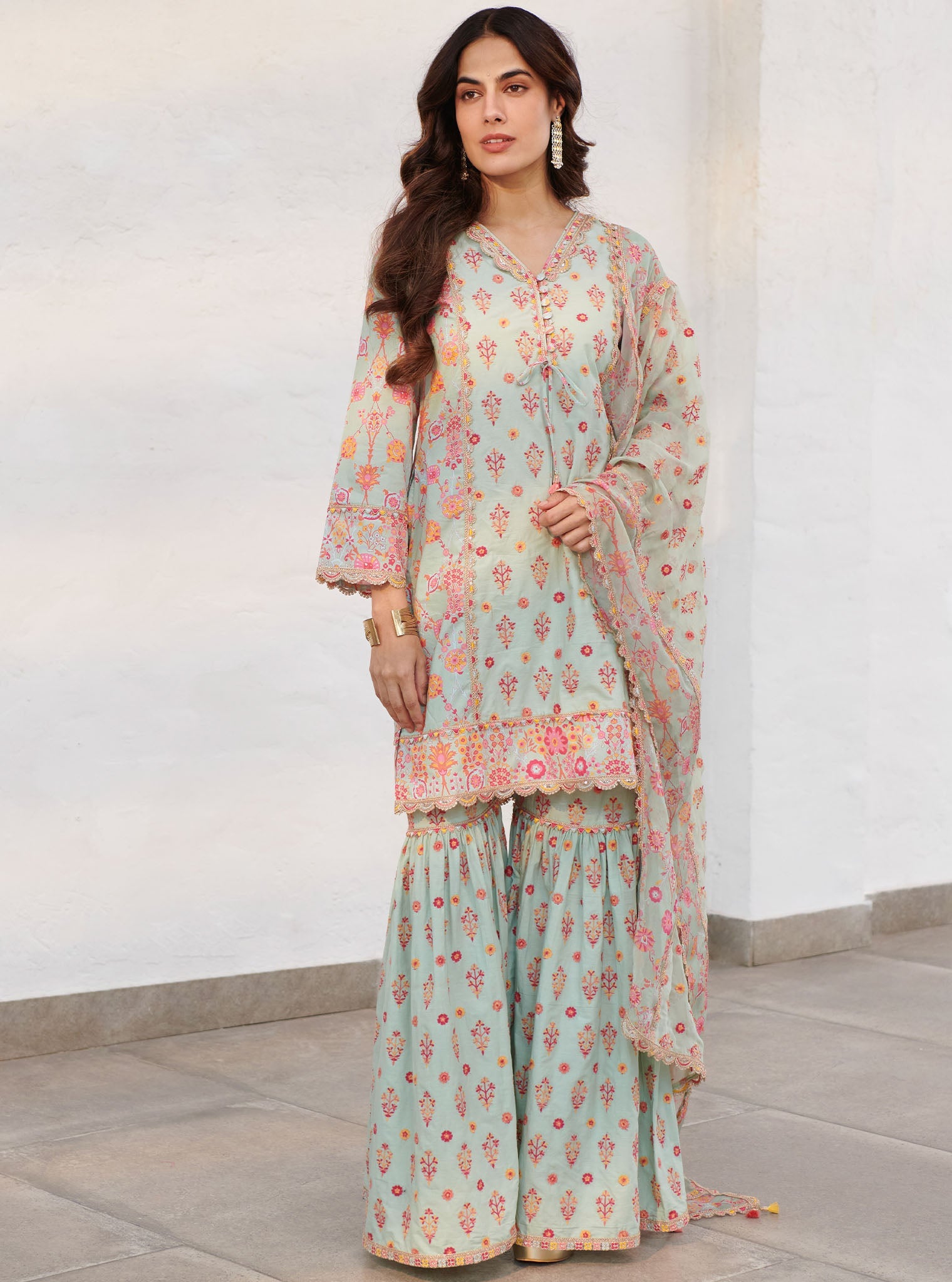 Mulmul Cotton Harper Green Kurta With Harper Green Sharara