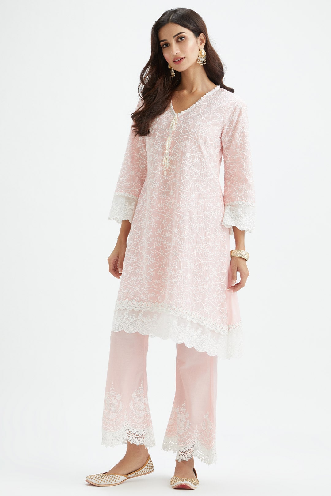 Mulmul Cotton Hummingbird Pink Kurta With Hummingbird Pink Pyajama