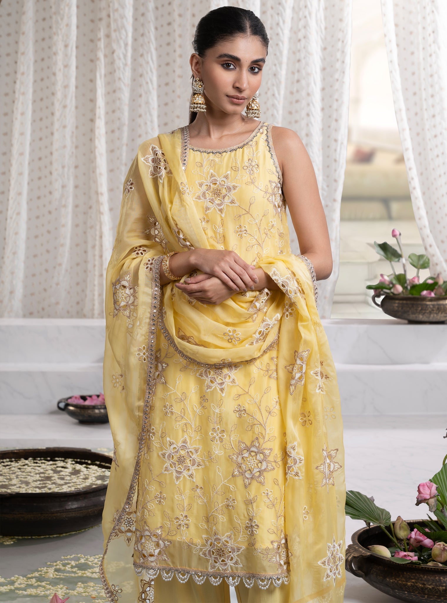 Mulmul Organza Jugni Yellow Kurta With Mulmul Pima Jugni Yellow Pant