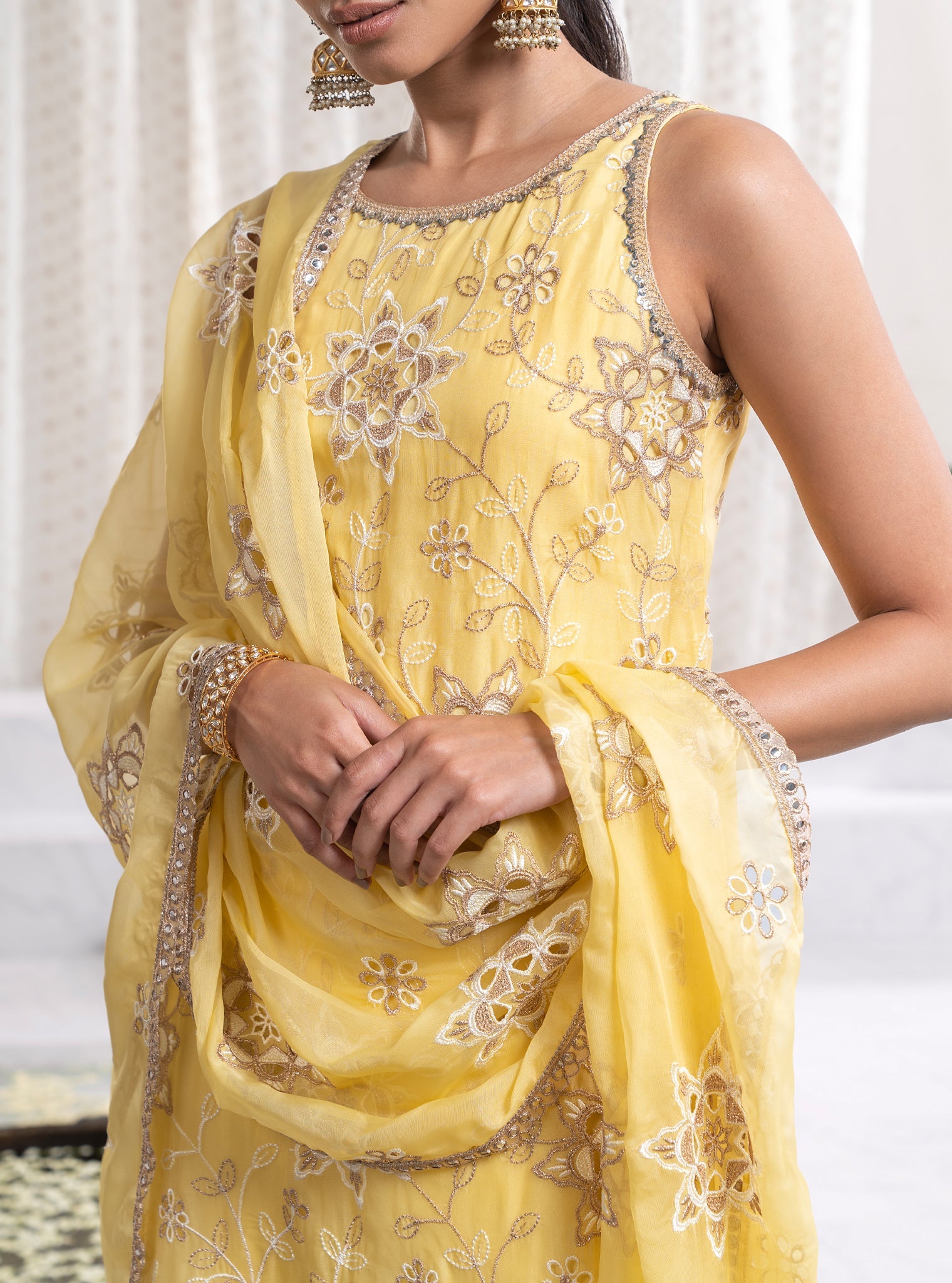 Mulmul Organza Jugni Yellow Kurta With Mulmul Pima Jugni Yellow Pant