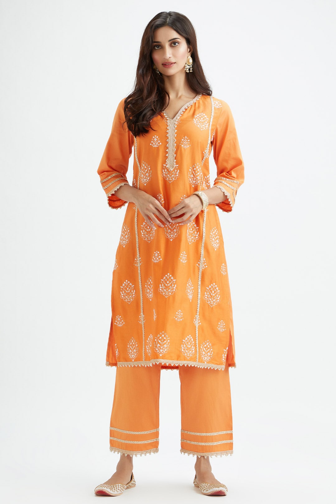 Mulmul Supima Satin Jane Orange Kurta With Jane Orange Pant