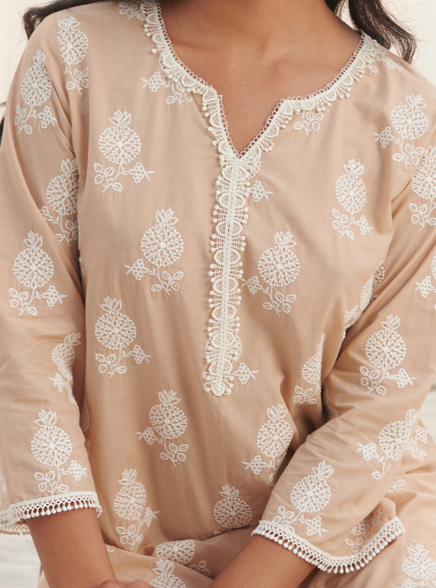 Mulmul Cotton Kelil Beige Kurta With Mulmul Cotton Kelil beige Pant