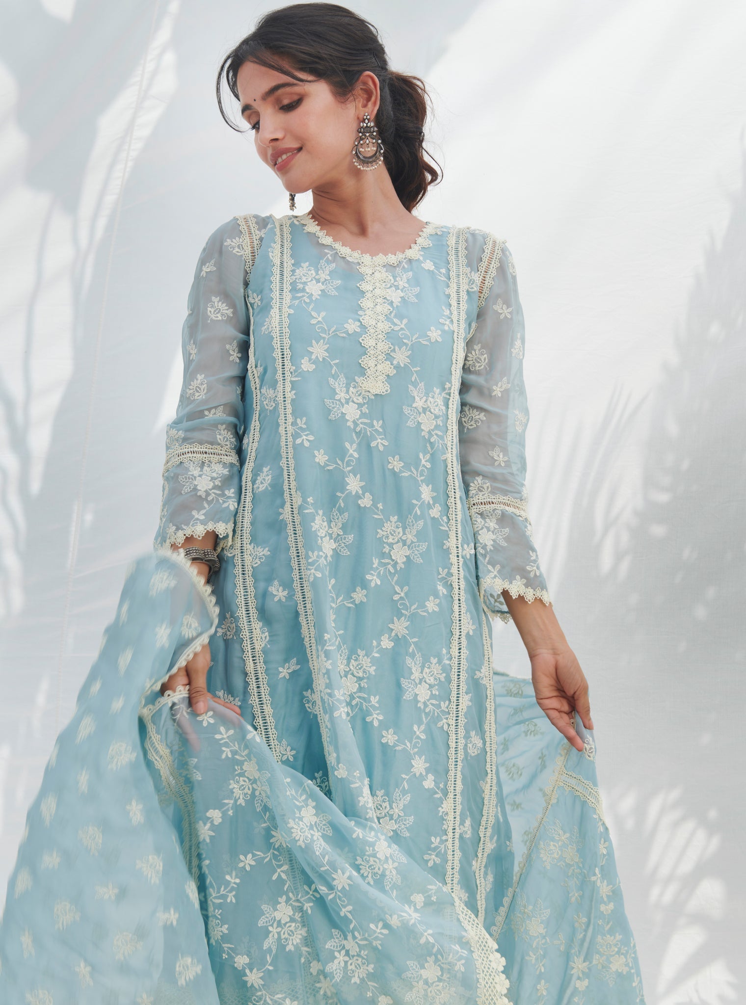 Mulmul Organza Keri Blue Kurta With Mulmul Cotton Keri Blue Pant