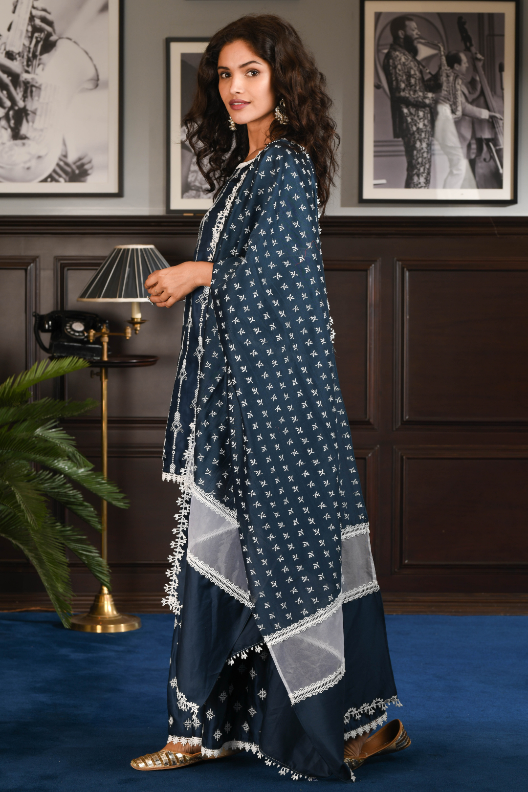 Mulmul Japanese Silk Caia Navy Kurta With Caia Navy Pyajama