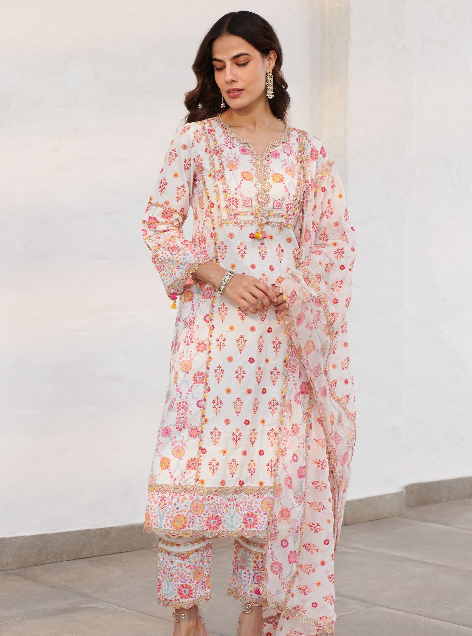 Mulmul Cotton Lexi White Kurta With Lexi White Pant