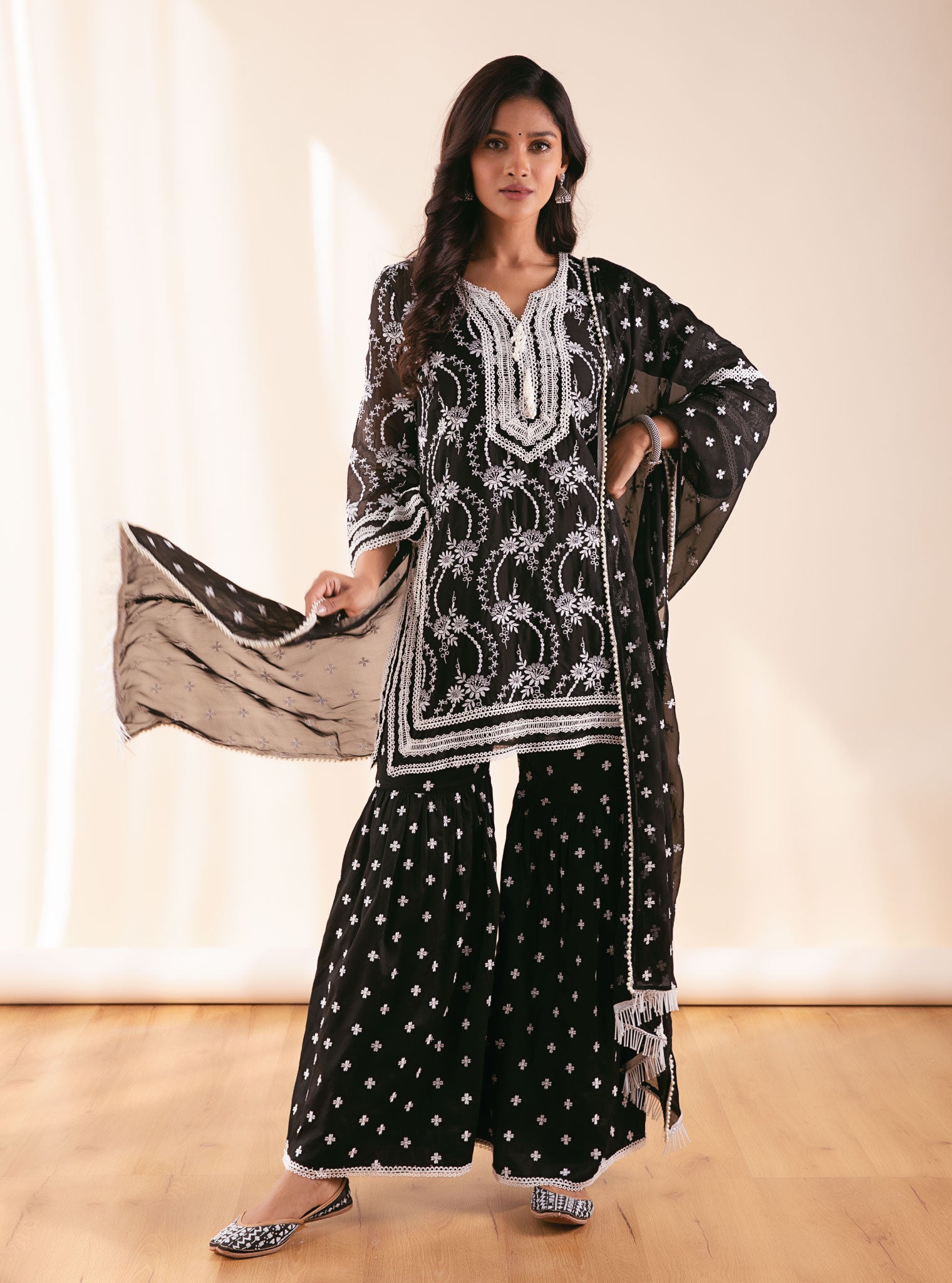 Mulmul Organza Luna Black Kurta With Supima Cotton Luna Black Garara