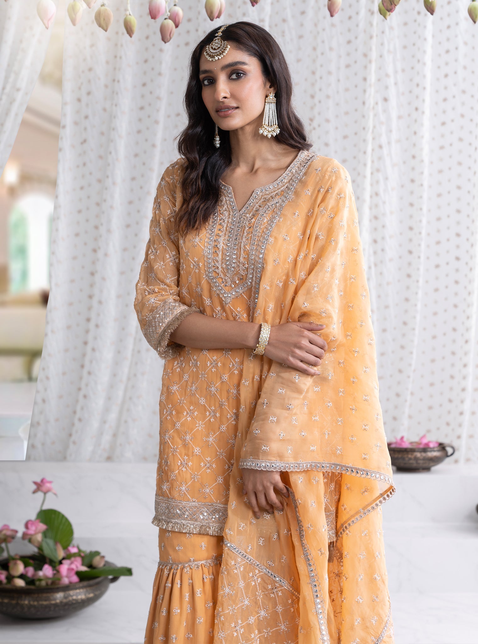 Mulmul Organza Makhna Orange Kurta With Mulmul Chiffon Makhna Orange Garara