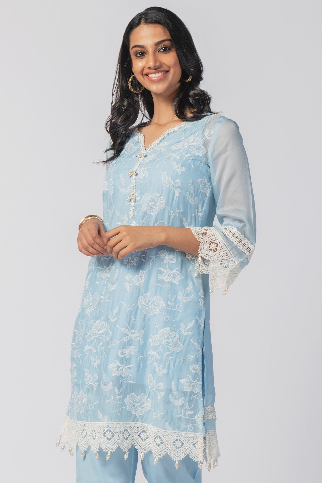 Mulmul Tencel Luxe Organza Maisy Blue Kurta With Pima Cotton Maisy Blue Pant