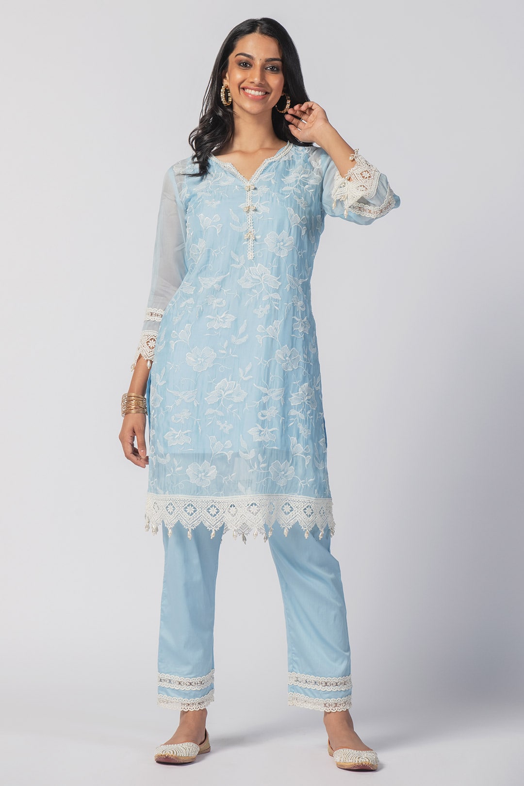 Mulmul Tencel Luxe Organza Maisy Blue Kurta With Pima Cotton Maisy Blue Pant