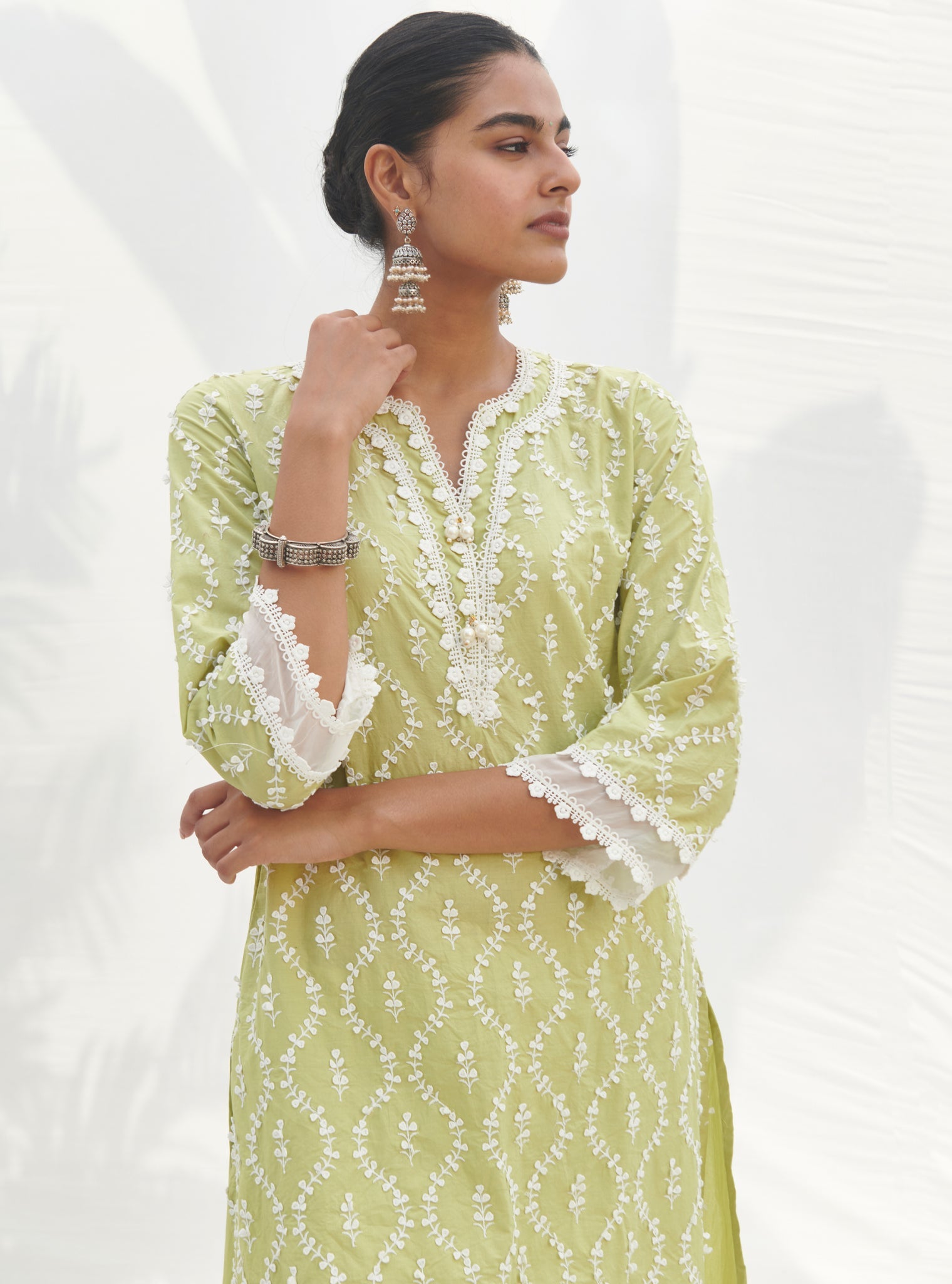 Mulmul Cotton Maneri Lime kurta