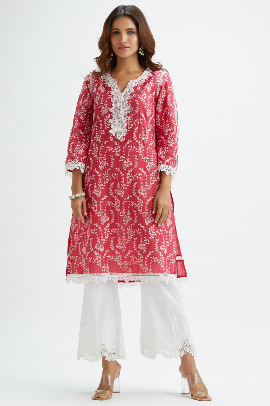 Mulmul Cotton Merlin Red Kurta With Emb Bellbottom White Pyajama