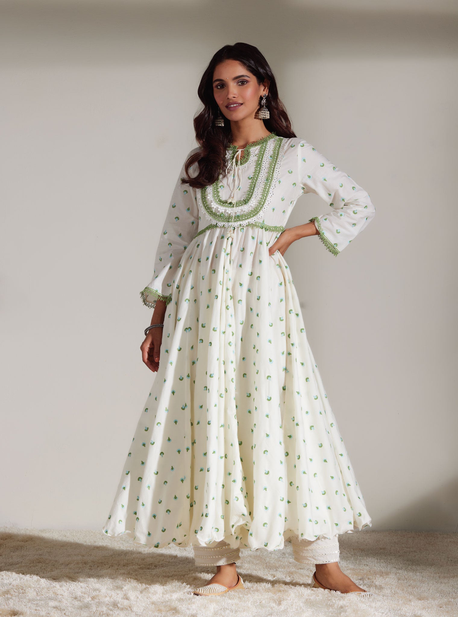 Mulmul Cotton Nadine White Anarkali Kurta With Mirror Gota White Pant