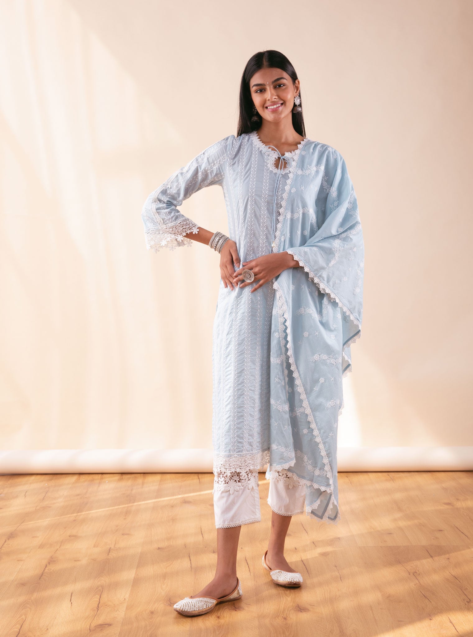 Mulmul Cotton Salisbury Blue Kurta With Multi Lace Slim White Pant