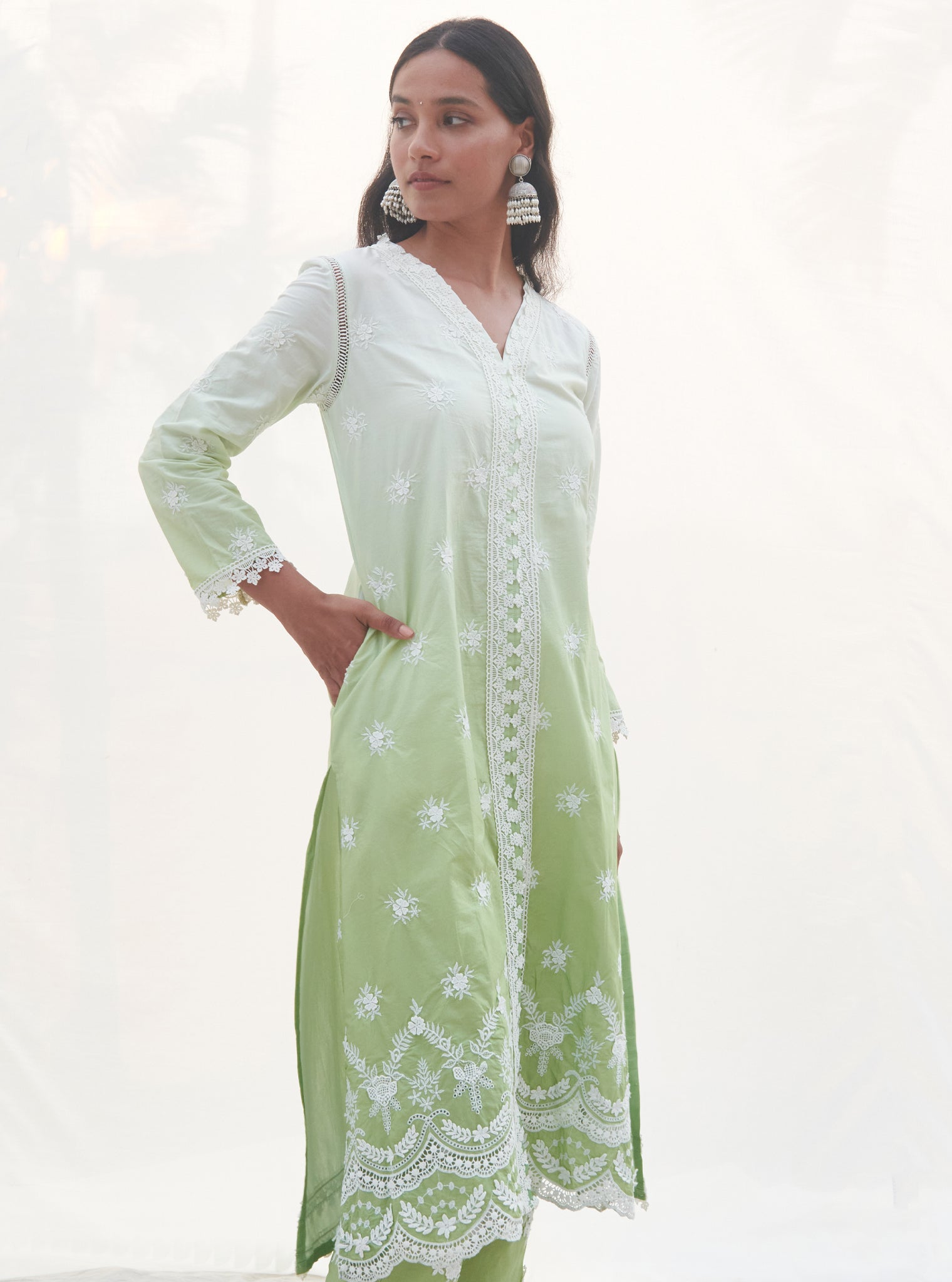 Mulmul Cotton Paliem Green Kurta With Paliem Green Pant