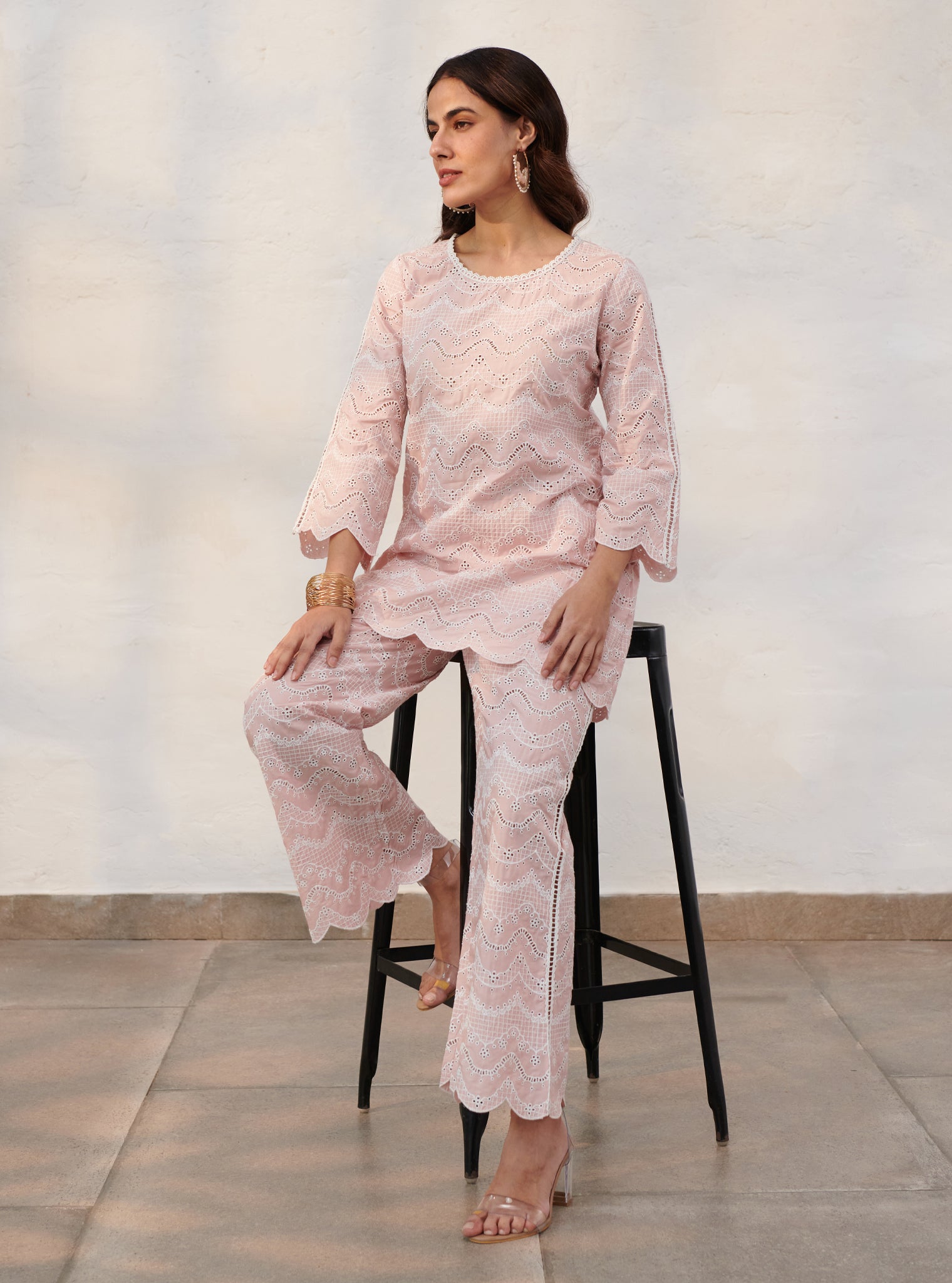 Mulmul Cotton Preston Pink Top With Preston Pink Pant