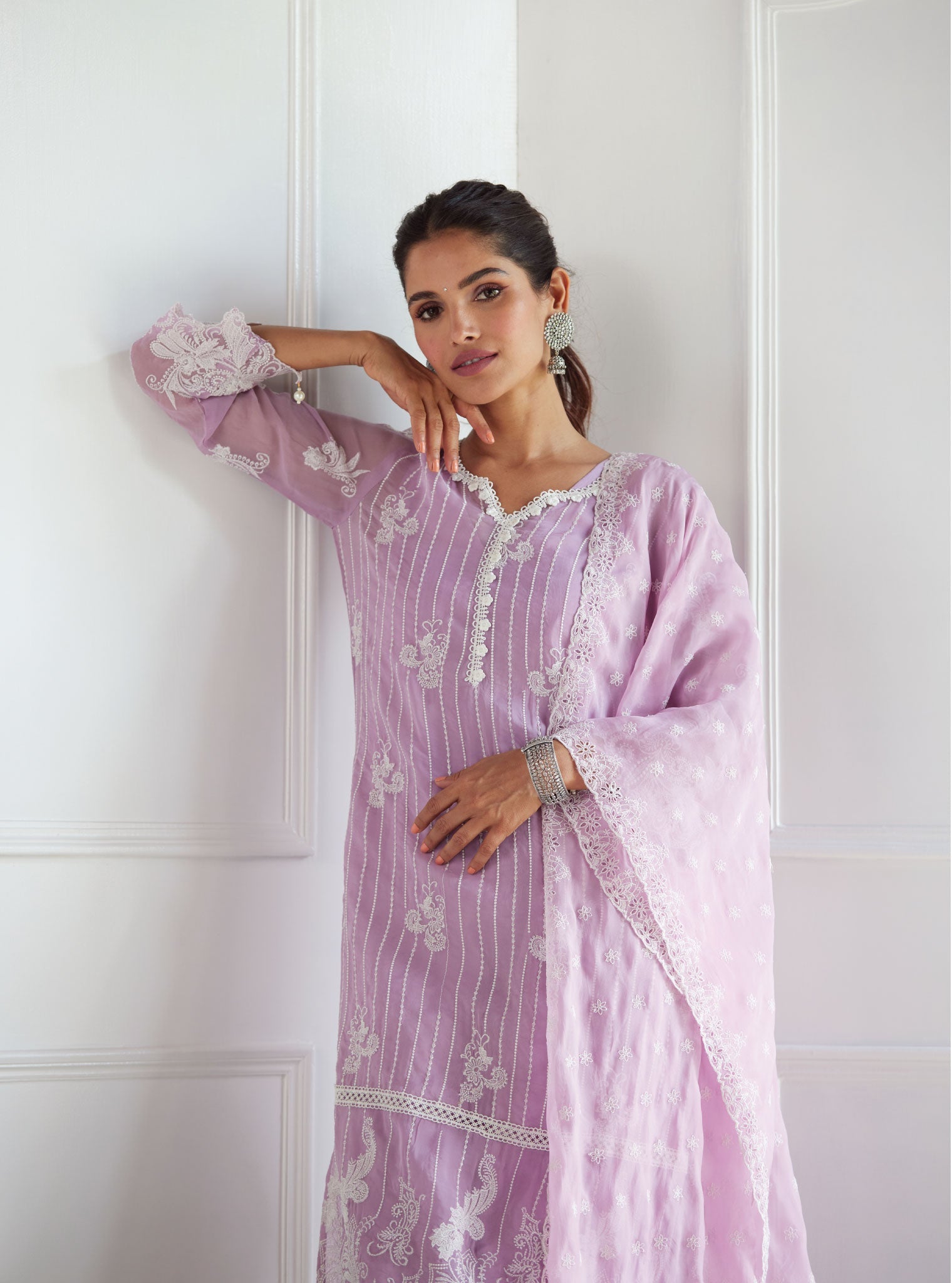 Mulmul Organza Reece Lilac Kurta With Mulmul Cotton Reece Lilac Pant