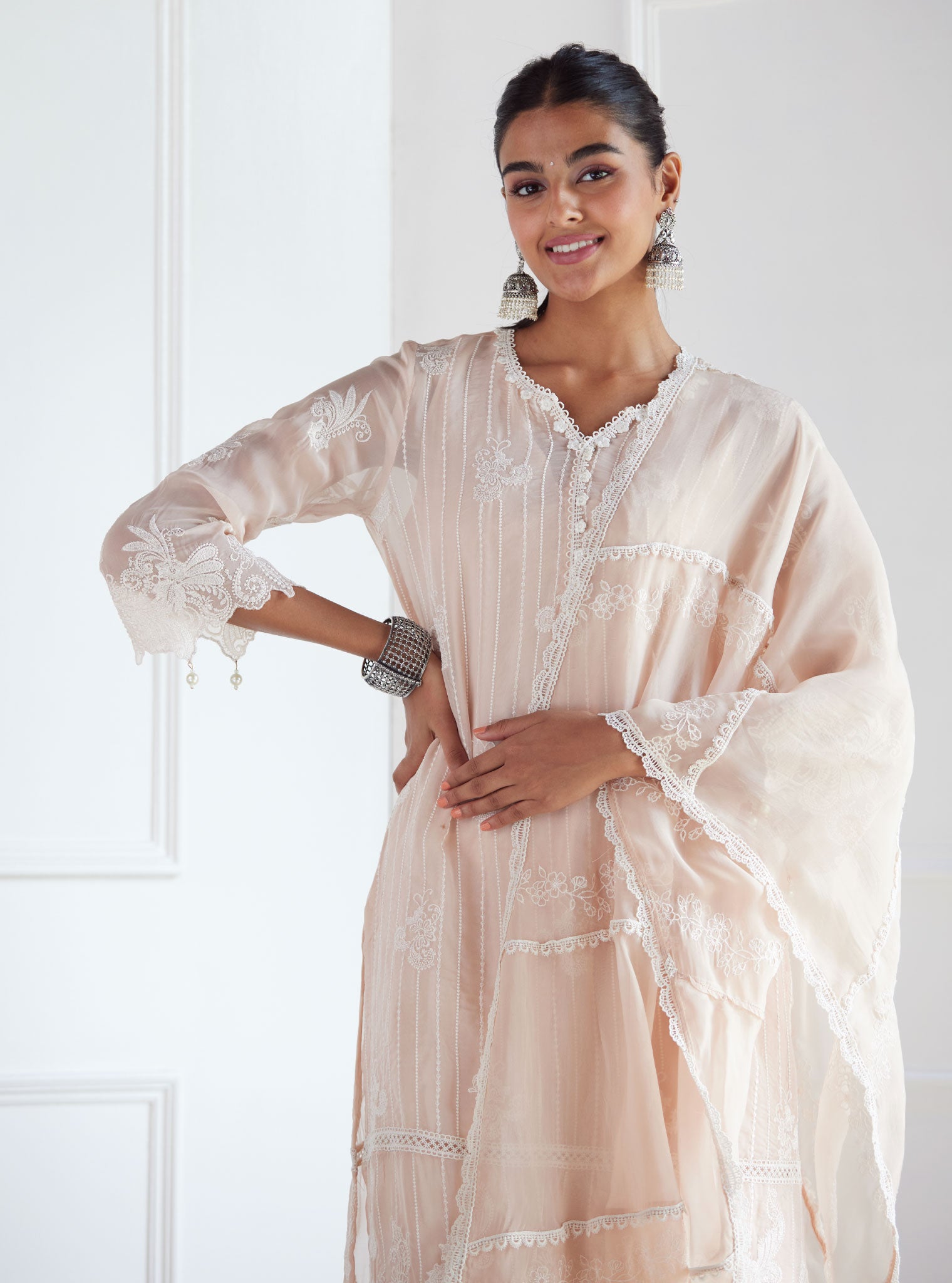 Mulmul Organza Reece Beige Kurta With Mulmul Cotton Reece Beige Pant