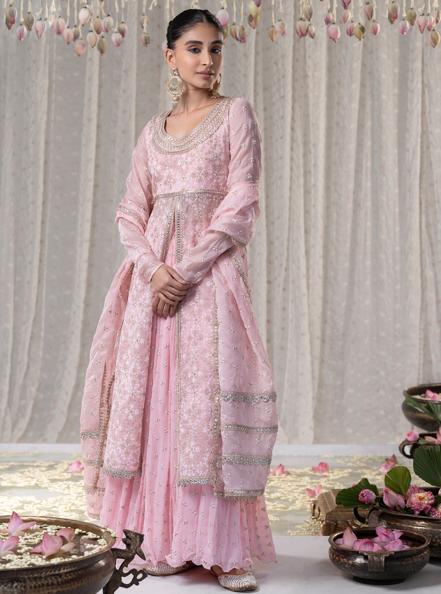 Mulmul Organza Sajda Pink Kurta With Mulmul Chiffon Sajda Pink Skirt