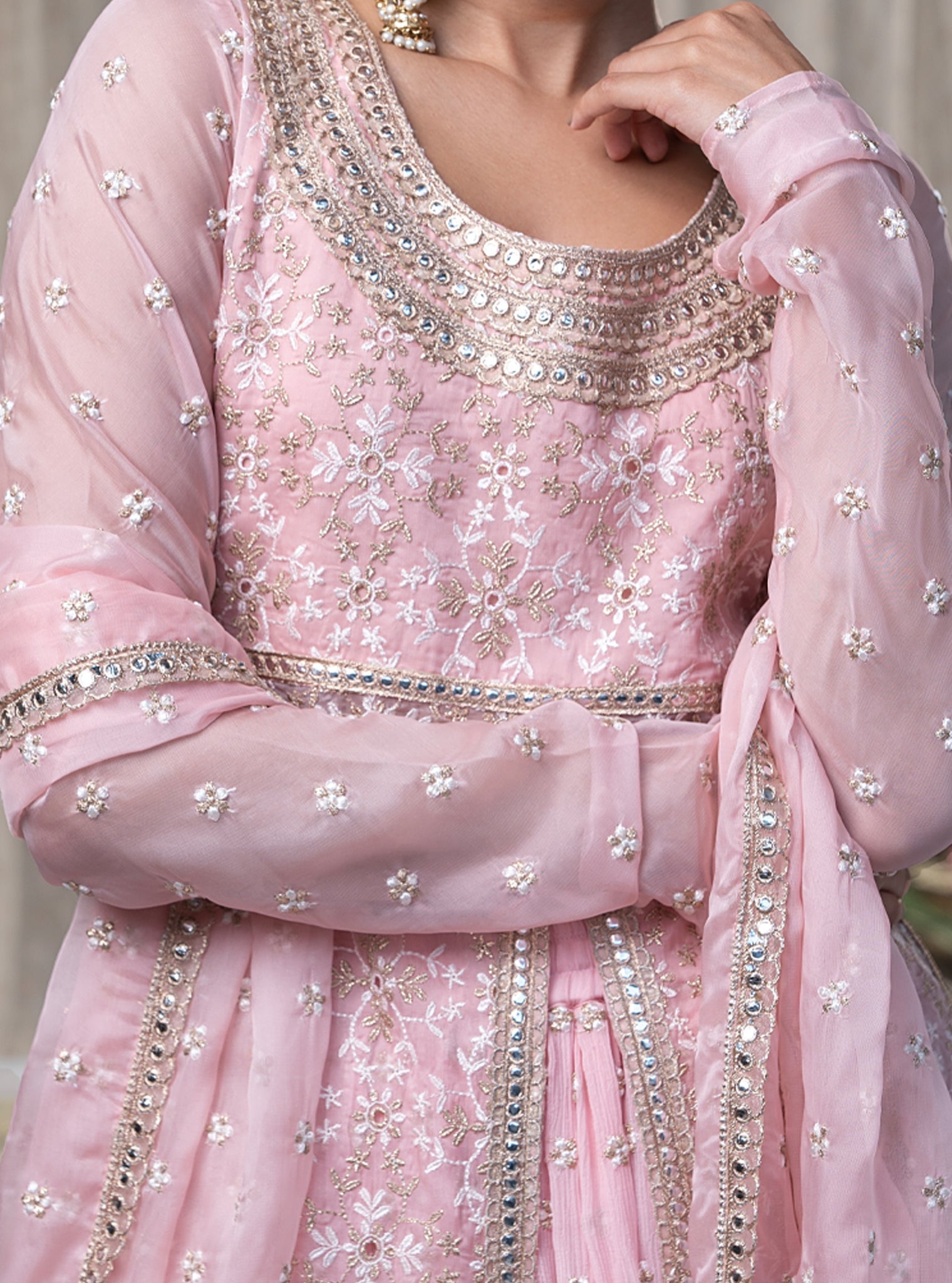 Mulmul Organza Sajda Pink Kurta With Mulmul Chiffon Sajda Pink Skirt