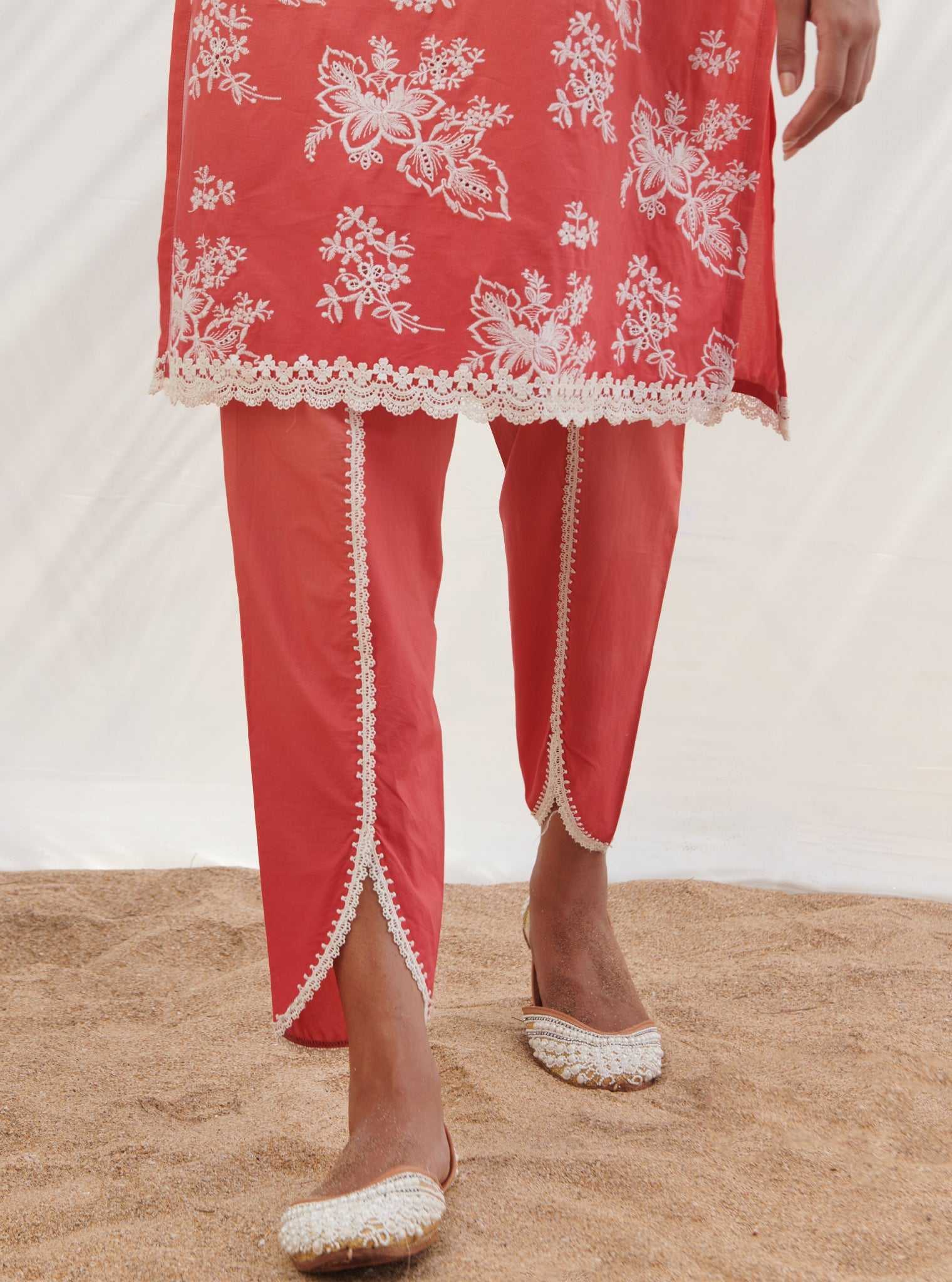 Mulmul Cotton Savri Red Kurta With Savri Red Dhoti Pant