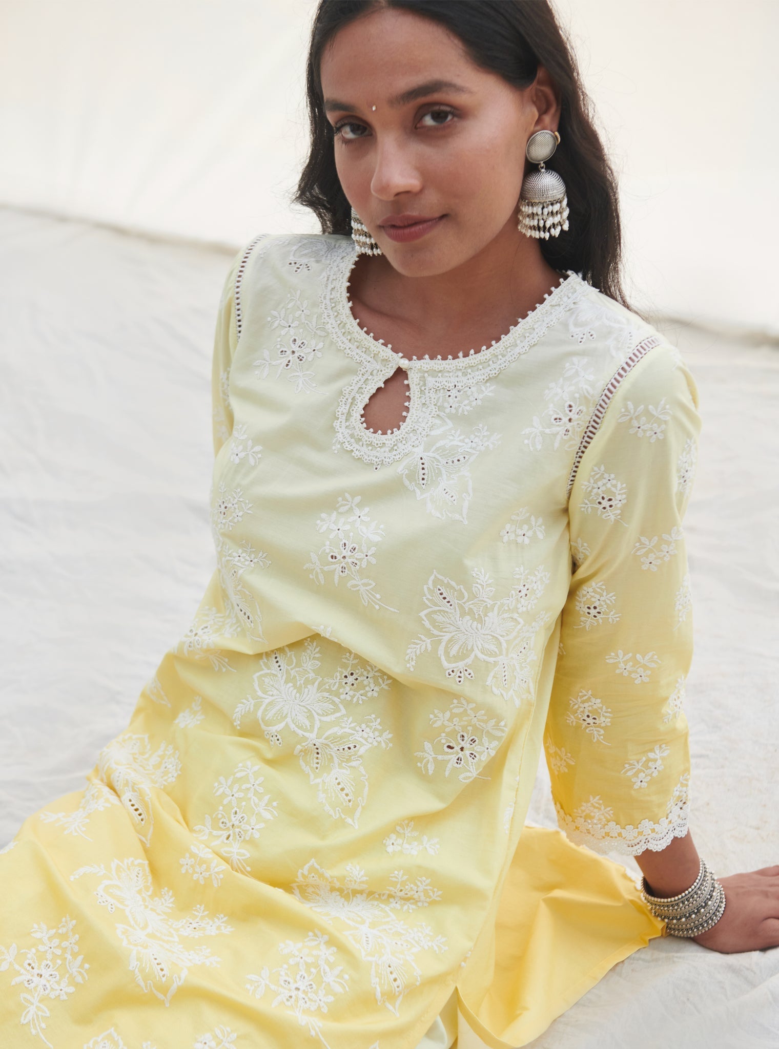 Mulmul Cotton Savri Yellow Kurta With Savri Yellow Dhoti Pant