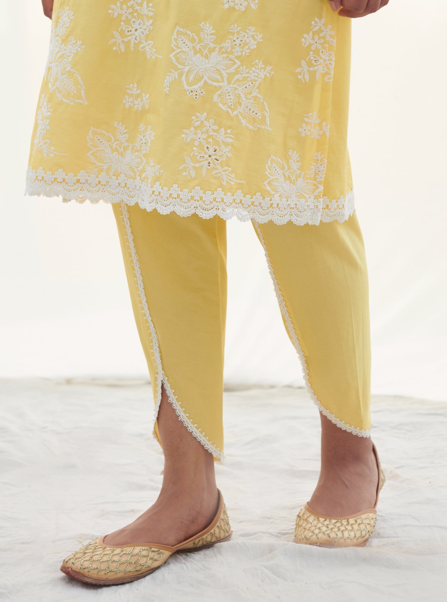 Mulmul Cotton Savri Yellow Kurta With Savri Yellow Dhoti Pant