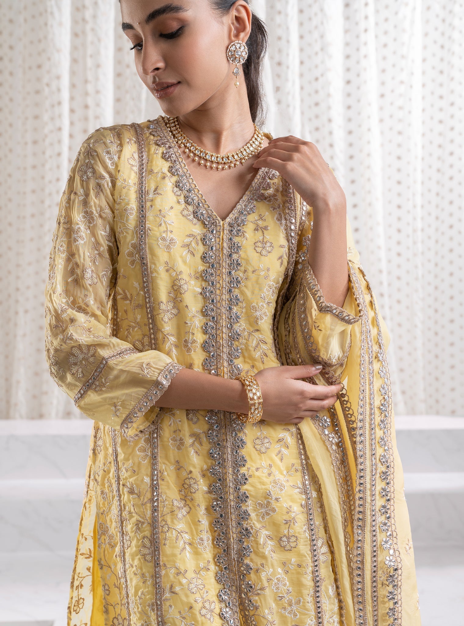 Mulmul Organza Sawariya Yellow Kurta With  Mulmul Pima Sawariya Yellow Pant