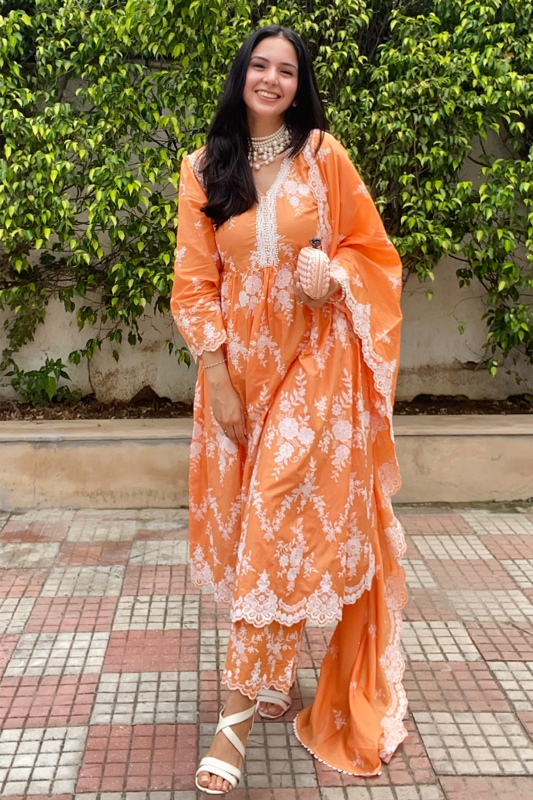 Mulmul Cotton Zambi Orange Kurta With Zambi Orange Pant