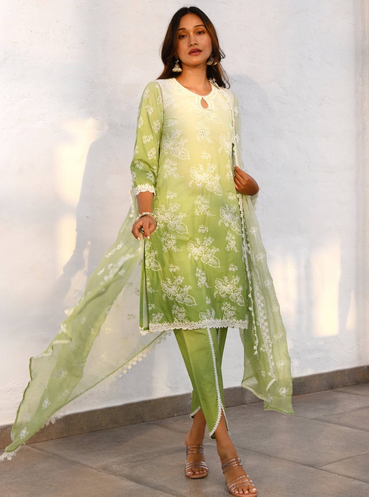 Mulmul Cotton Savri Green Kurta With Mulmul Cotton Savri Green Dhoti Pant