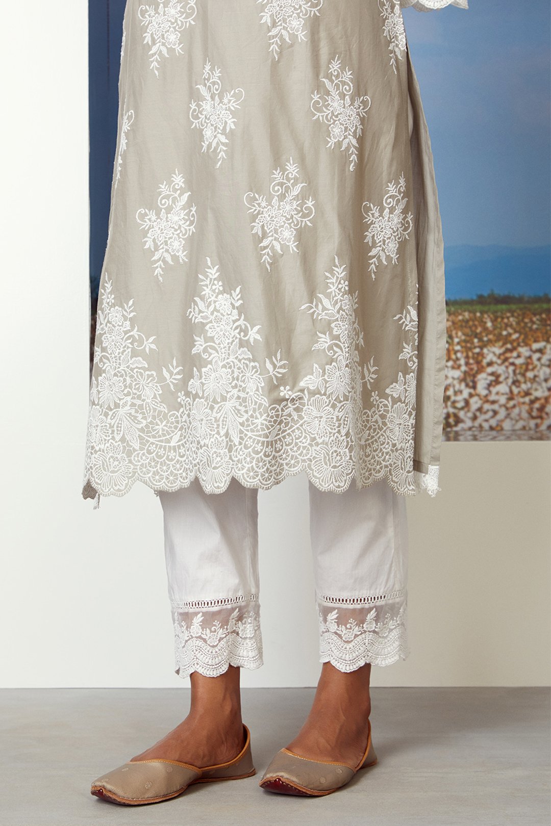 Mulmul Cotton Silver Comet Kurta With Floral Organza Pant