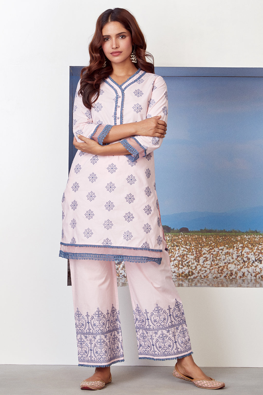 Mulmul Cotton Snow Flake Kurta With Snow Flake Palazzo