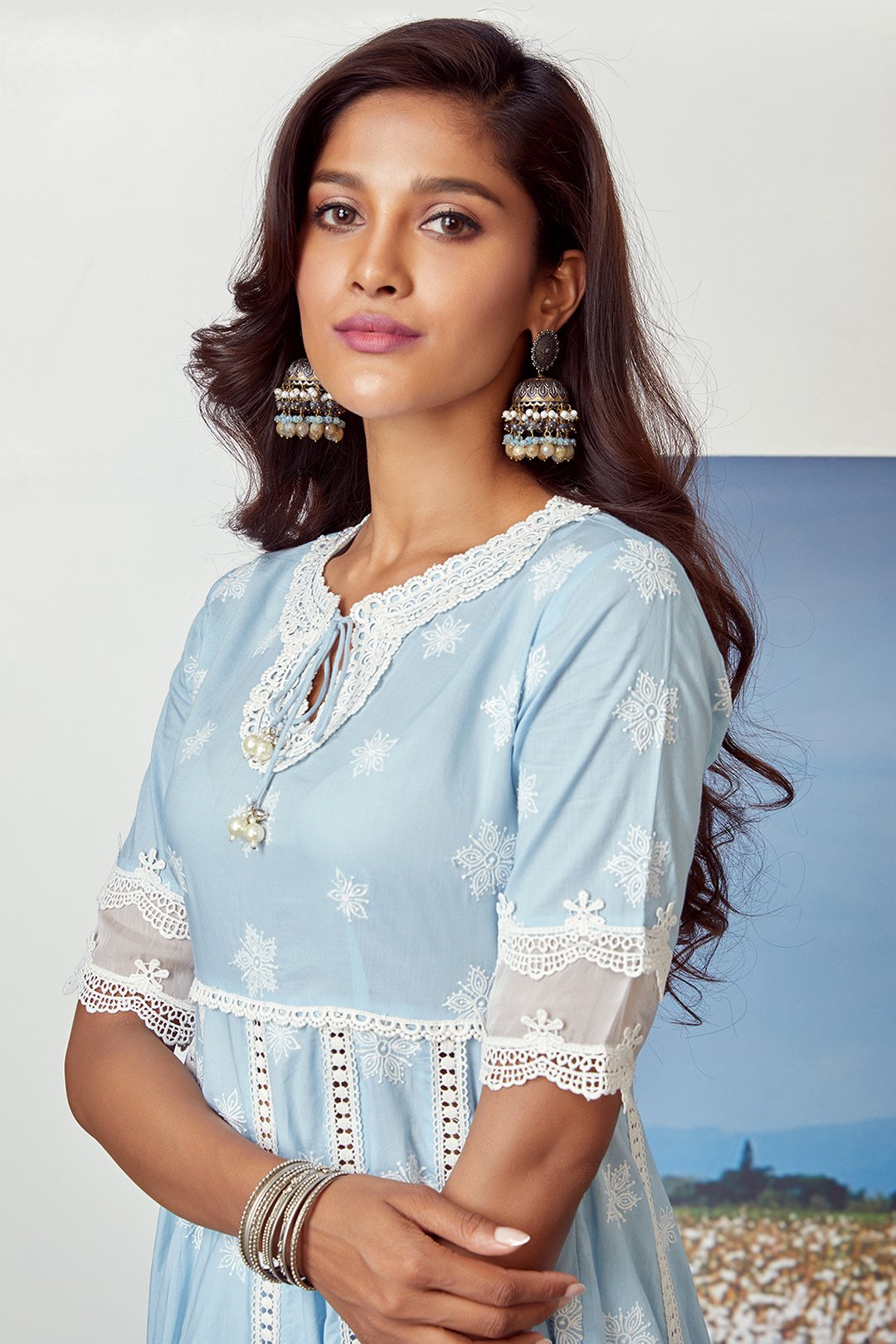 Mulmul Cotton Star Gaze Light Blue Kurta With Floral Organza Pant