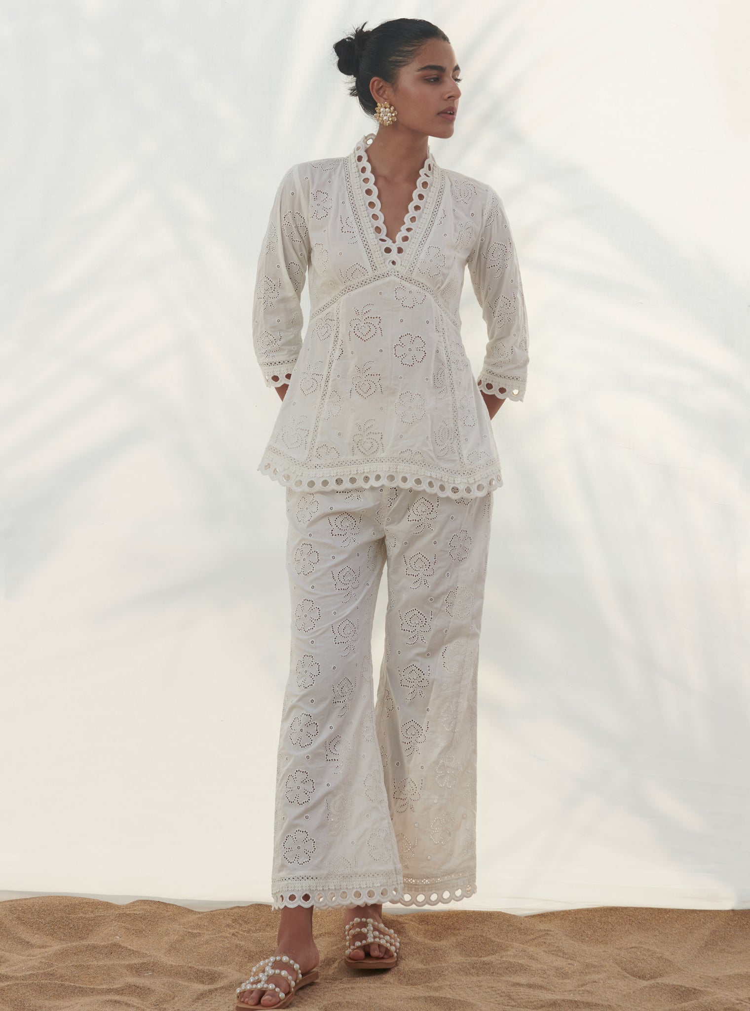 Mulmul Cotton Torenia White Top With Mulmul Cotton Torenia White Pant