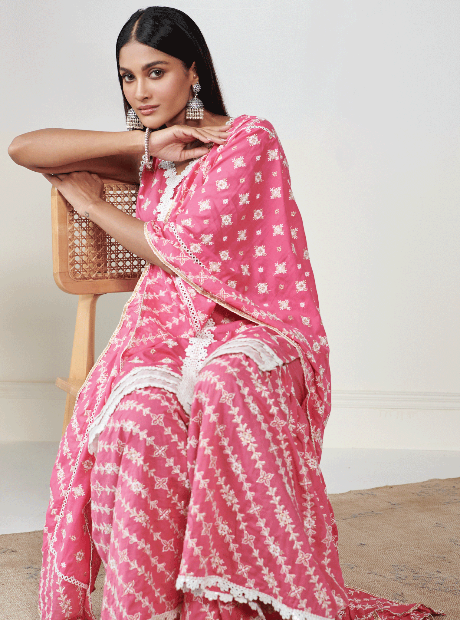 Mulmul Cotton Serenity Fuchsia Kurta With Serenity Fuchsia Sharara