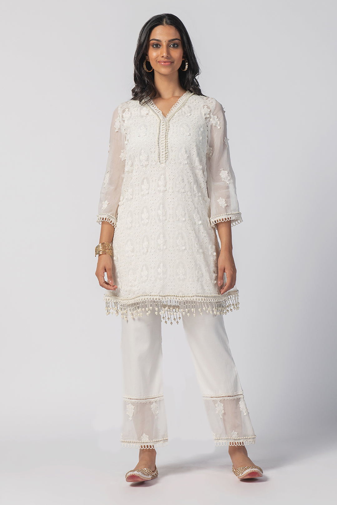 Mulmul Tencel Luxe Organza Savannah Kurta Off White With New Savannah Off White Pant