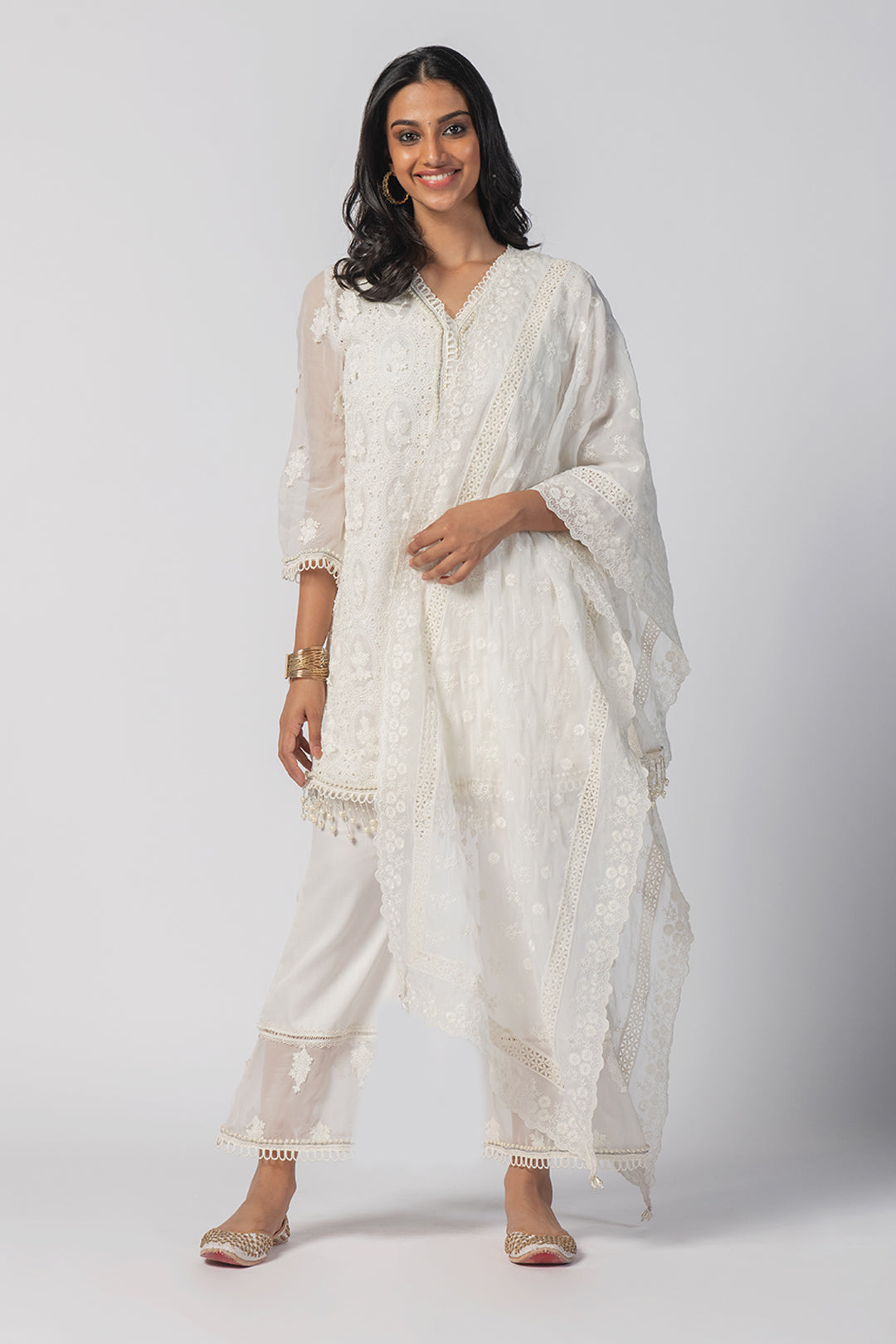 Mulmul Tencel Luxe Organza Savannah Kurta Off White With New Savannah Off White Pant