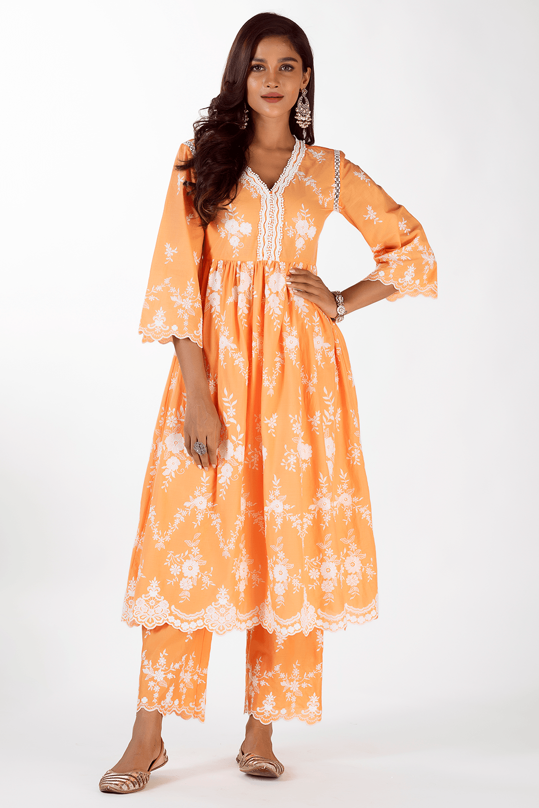 Mulmul Cotton Zambi Orange Kurta With Zambi Orange Pant