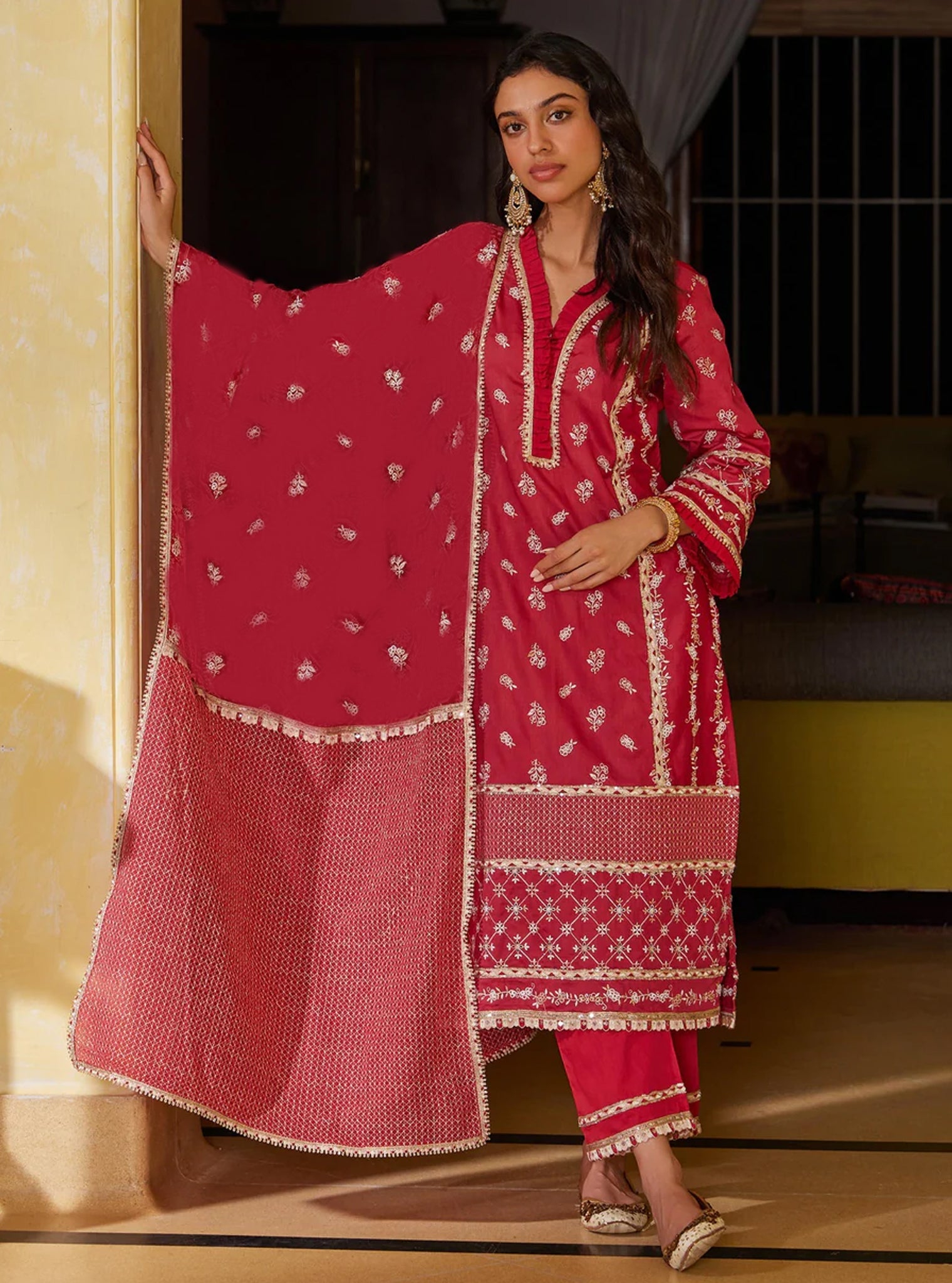 Mulmul Pima Anvesa Red Kurta with Mulmul Pima Anvesa Red Pant