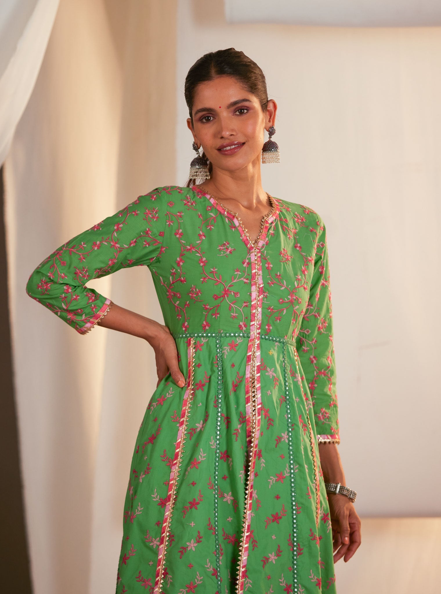 Mulmul Cotton Ayla Anarkali Green Kurta With Ayla Green Pant