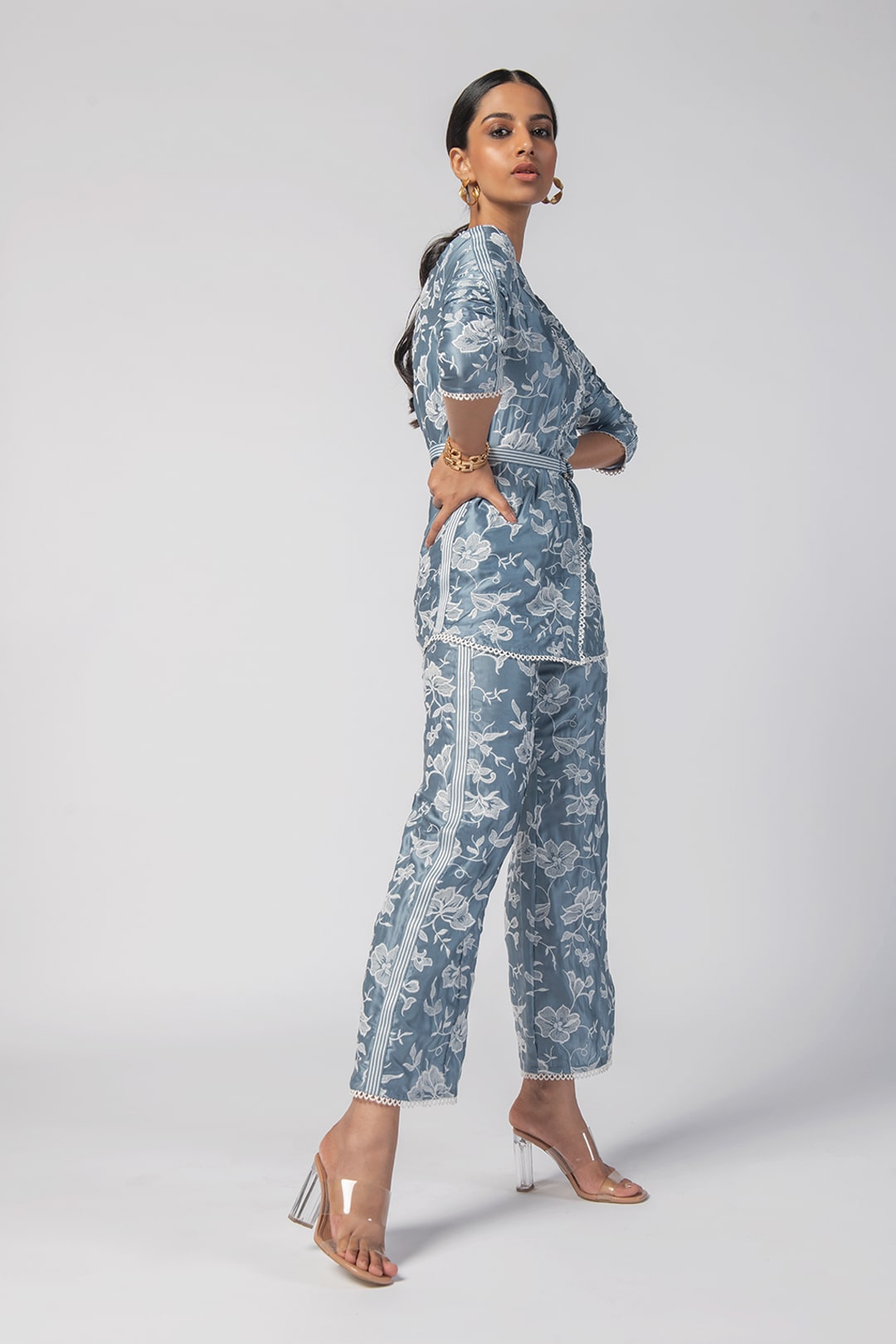 Mulmul Cupro Caroline Blue Top With Caroline Blue Pant Co-Ord Set