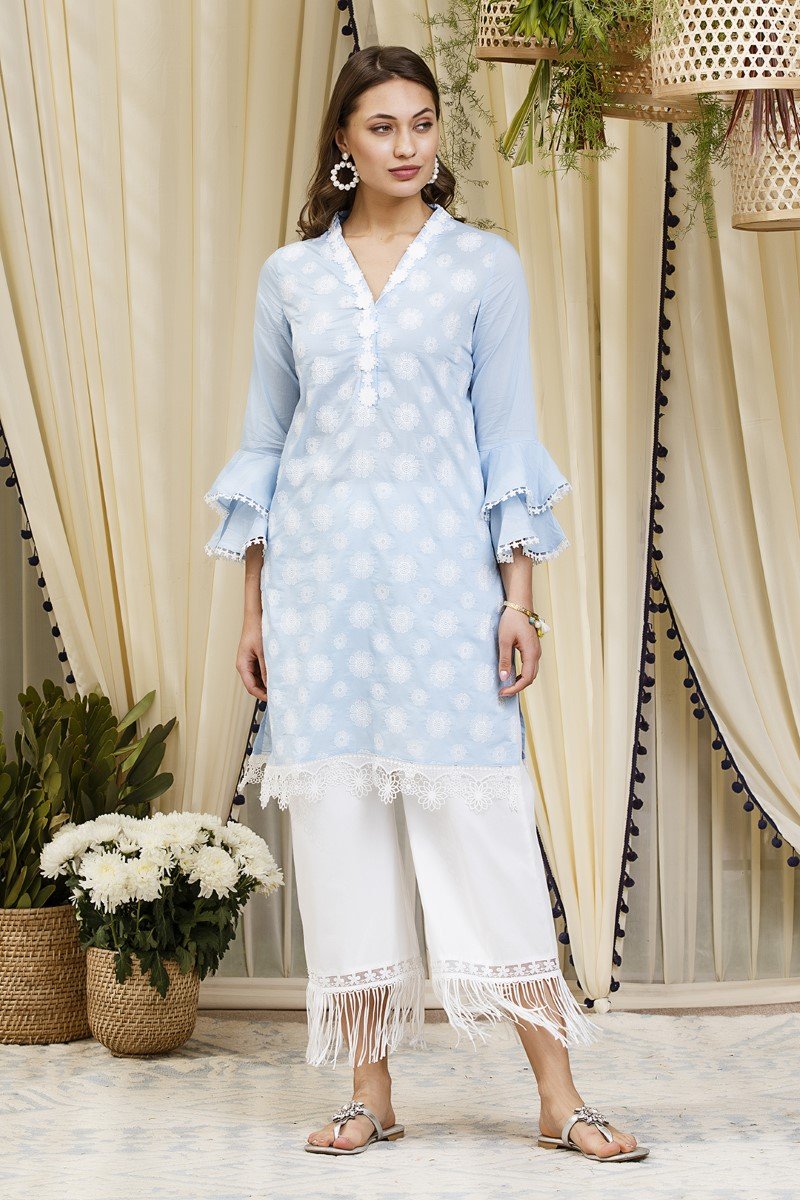 Mulmul Cotton Daffodil Blue Kurta  with New Poppy White Pants